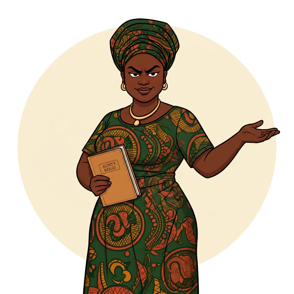 Aunty Kolo, the KOLO mascot, holding her ledger